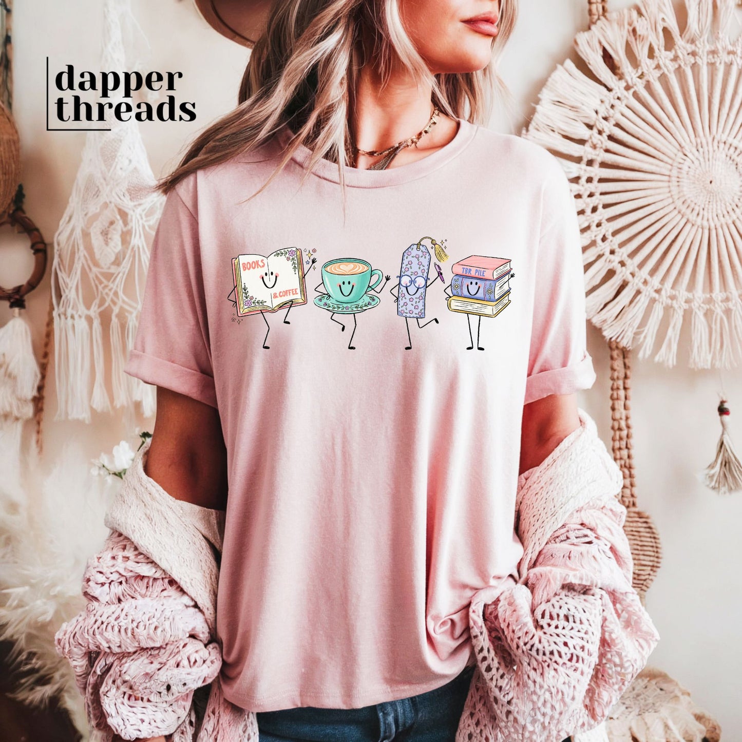 Books And Coffee Doodle Friends Tee