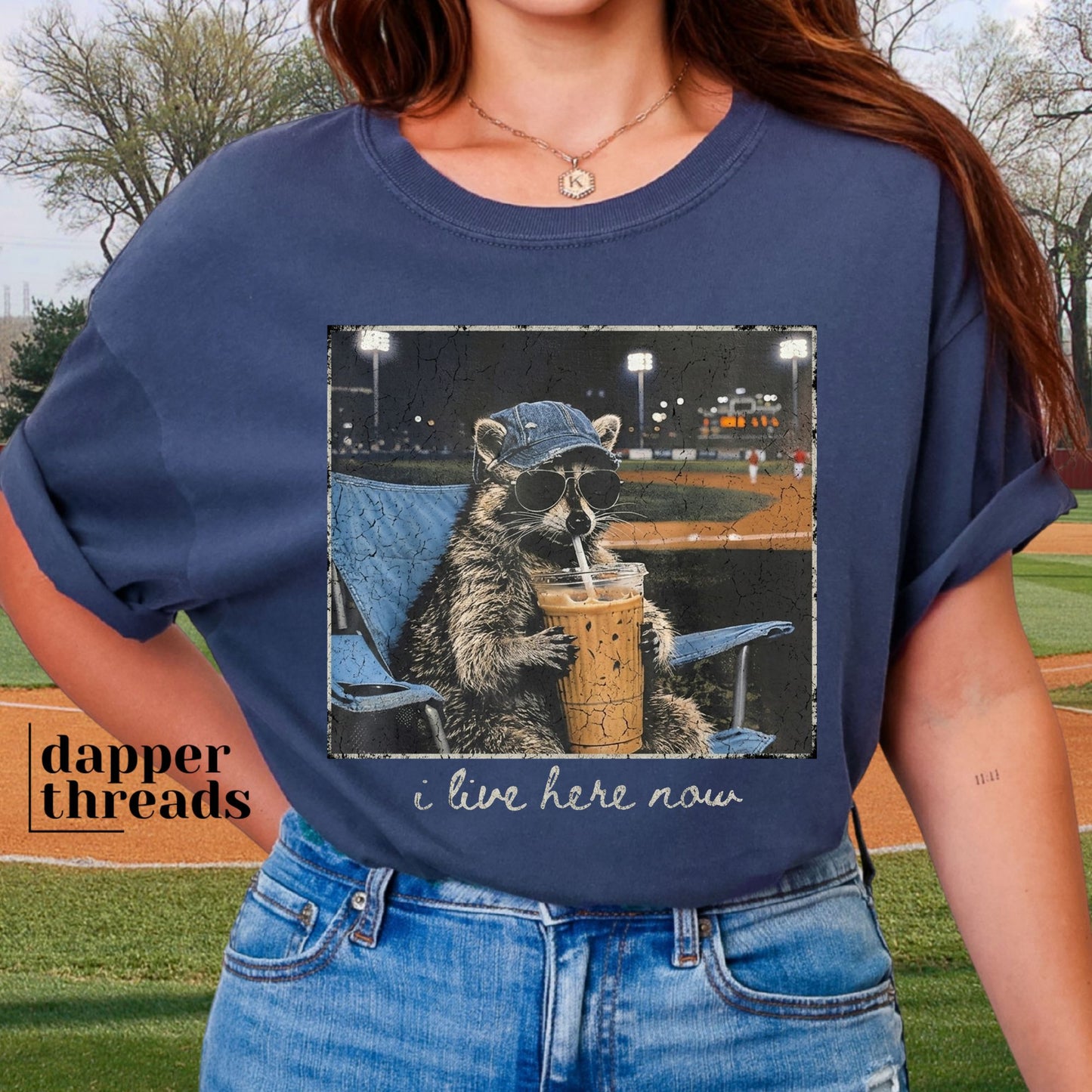I Live Here Now Ballpark Raccoon Tee