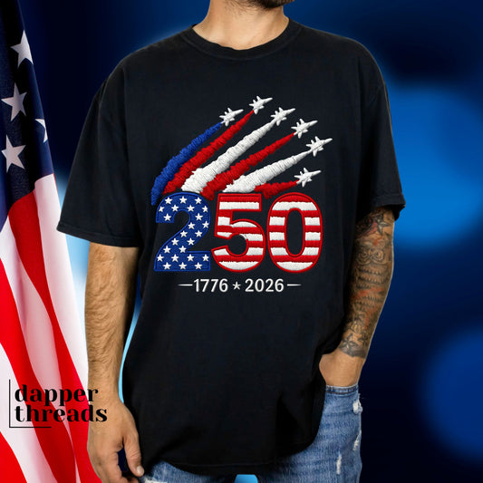 250 Patriotic Planes Faux Embroidery Tee