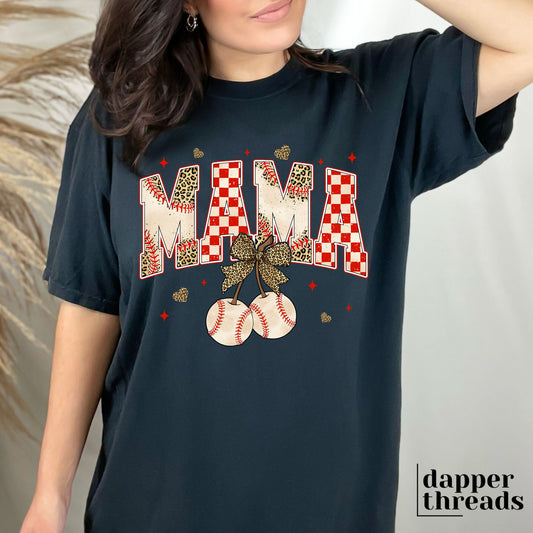 Baseball Mama Checkered Leopard Cherries Tee