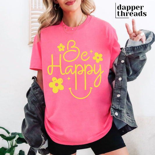 Be Happy Face And Flowers Tee
