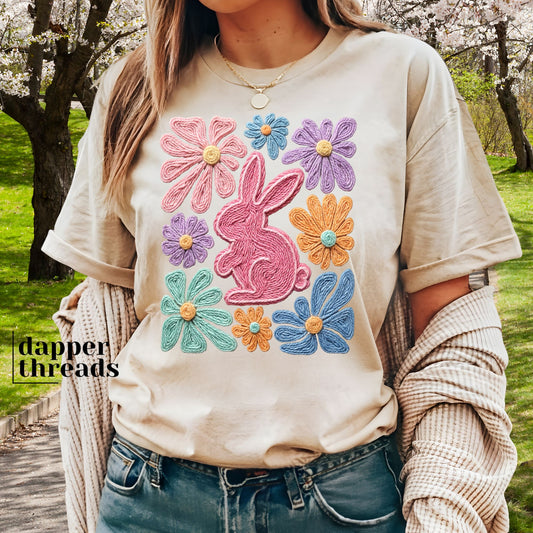 Boho Easter Bunny Flowers Faux Yarn Tee