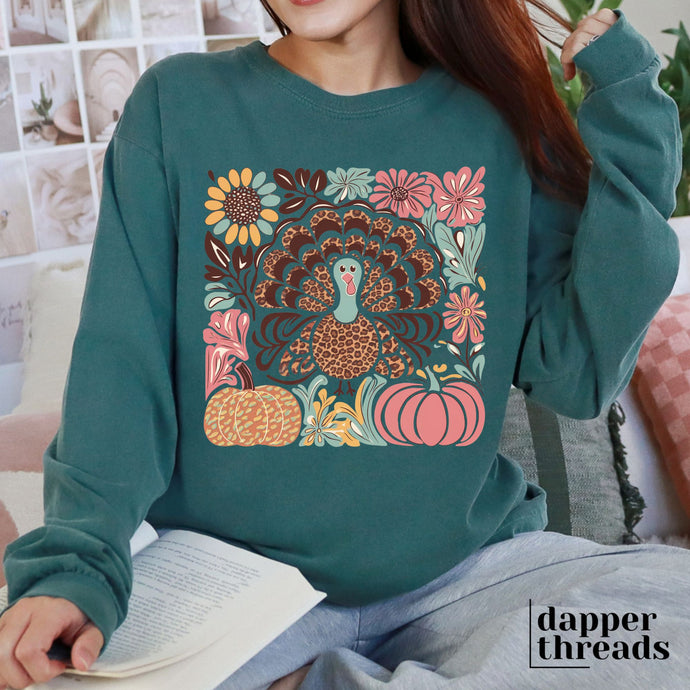 Boho Floral Leopard Turkey Long-Sleeve Tee