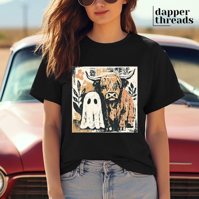 Boho Ghost And Highland Cow Pals Tee