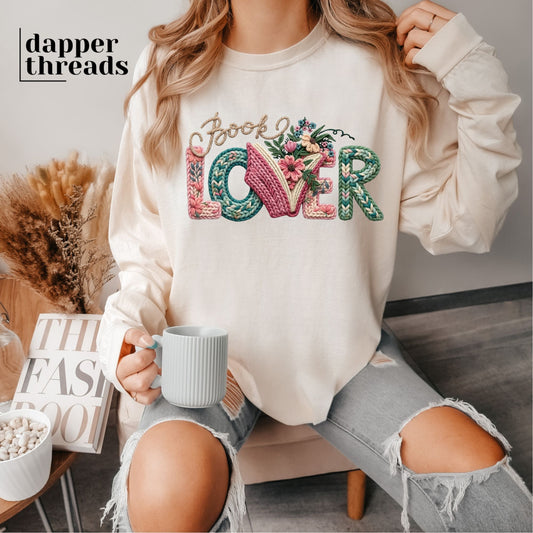 Book Lover Floral Faux Yarn Long Sleeve Tee