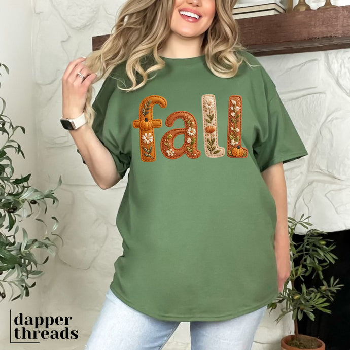 Fall Faux Leather Embroidery Tee