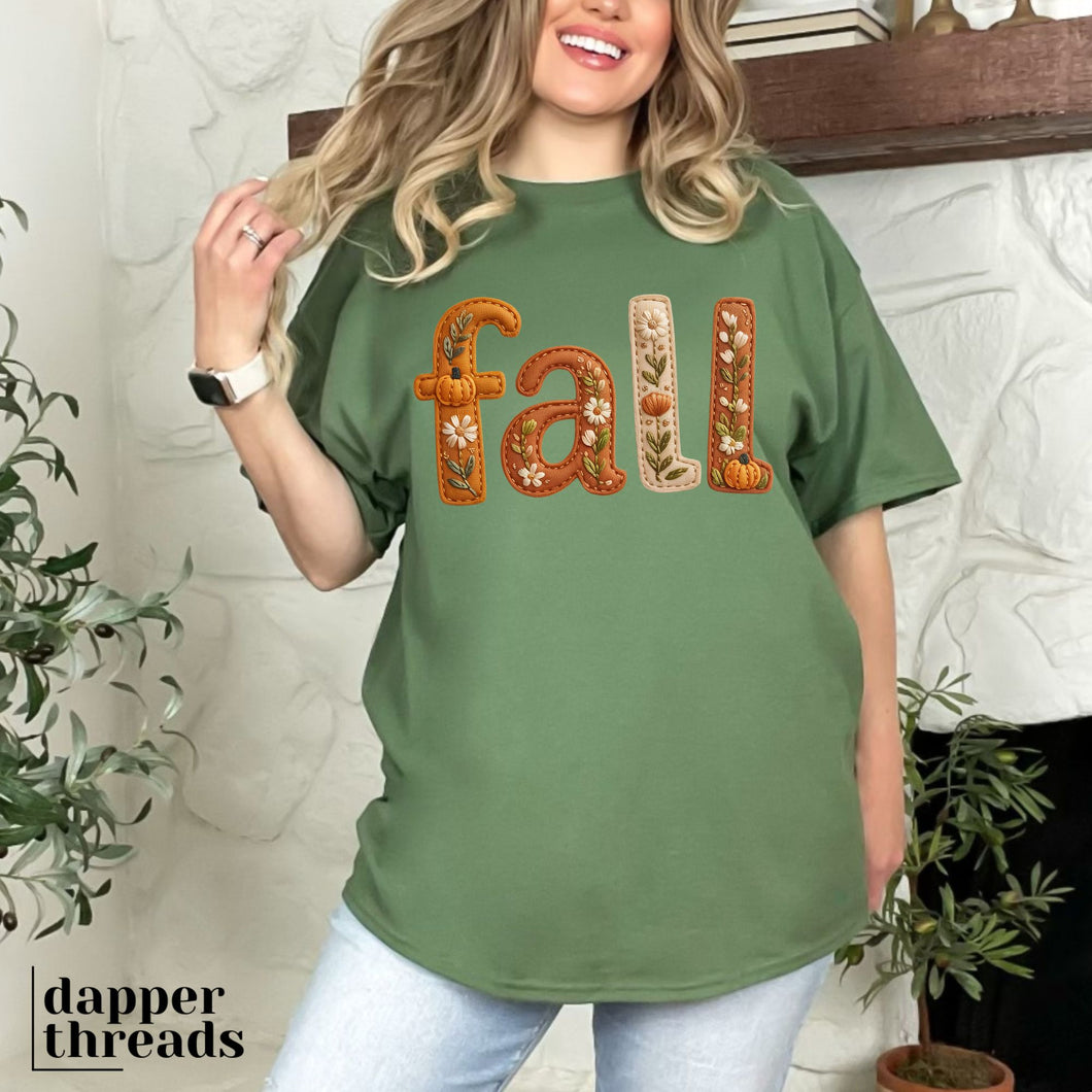 Fall Faux Leather Embroidery Tee