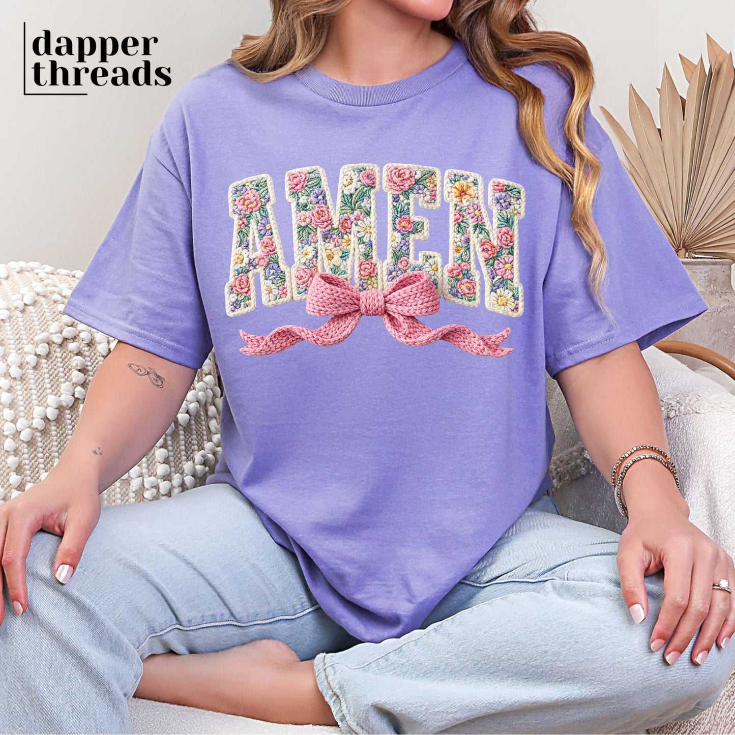 Floral Amen Bow Faux Yarn Tee