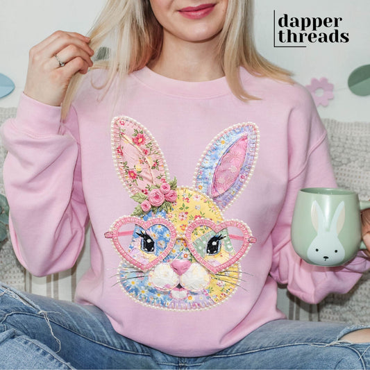 Floral Patchwork Bunny Glasses Sweatshirt