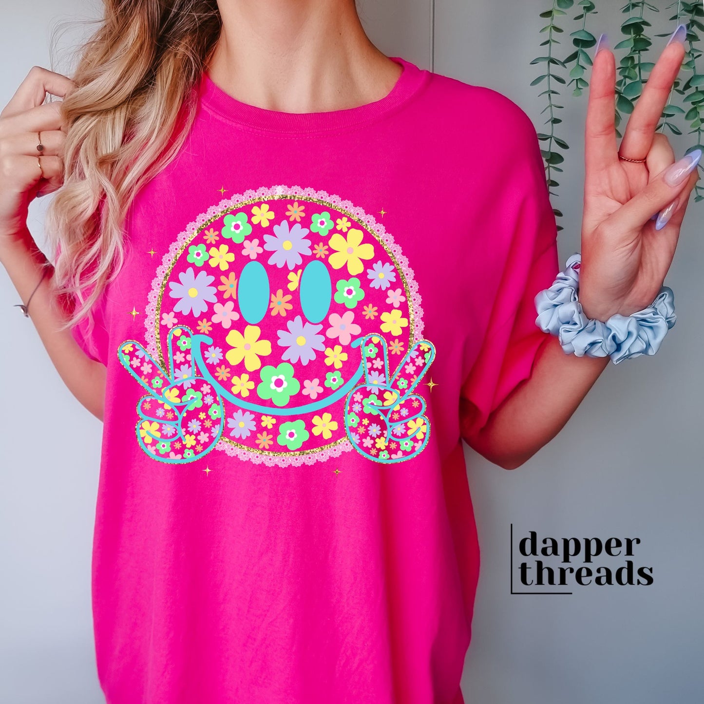 Floral Peace Smile Faux Glitter Tee