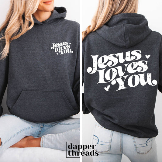 Grunge Jesus Loves You With Pocket Accent Hoodie