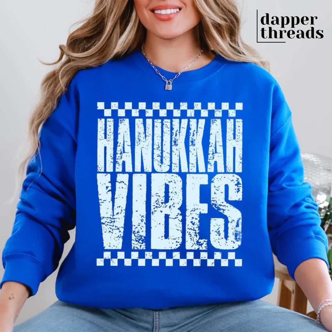 Hanukkah Vibes Distressed Checkered Sweatshirt