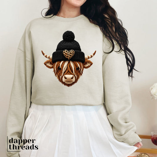Highland Cow Beanie Faux Yarn Sweatshirt