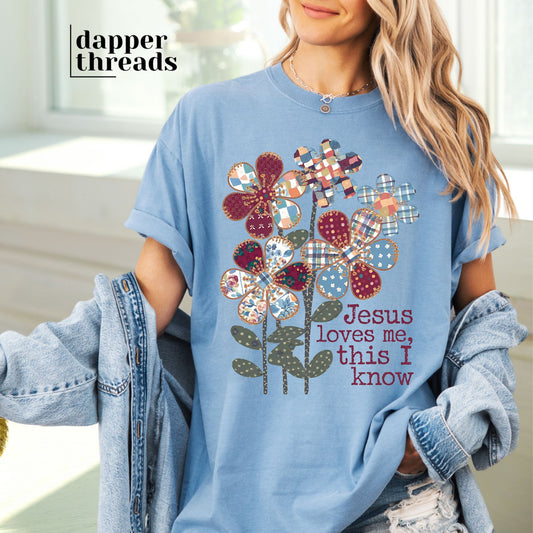 Jesus Loves Me This I Know Patchwork Flowers Tee