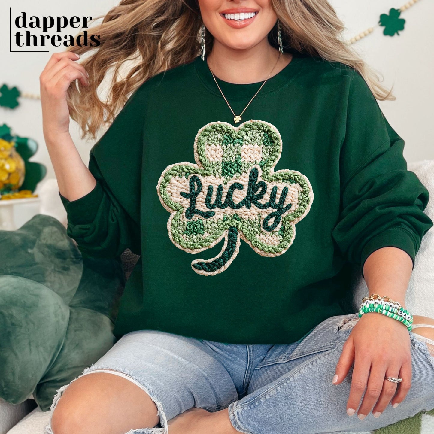 Lucky Shamrock Faux Yarn Sweatshirt