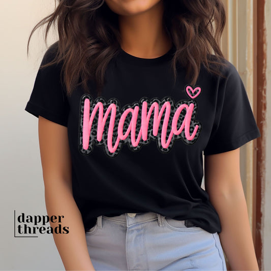 Mama Pink Leopard Faux Embroidery Tee