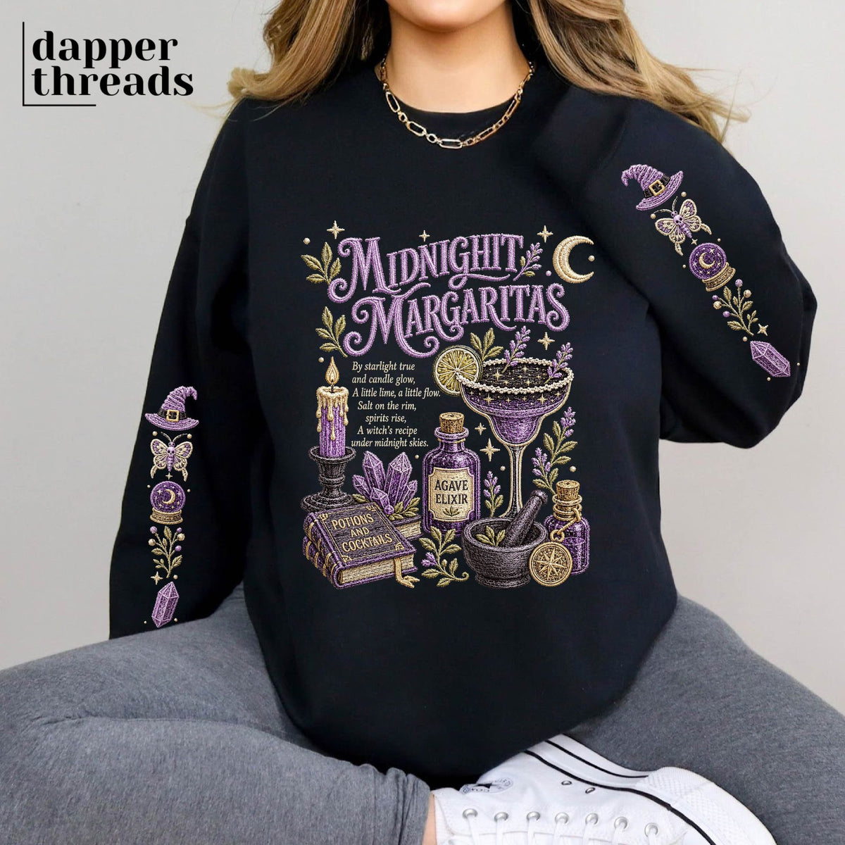 Midnight Margaritas Faux Embroidery With Sleeve Accents Sweatshirt