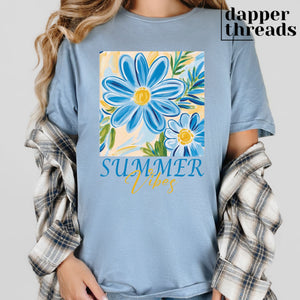 Blue Floral Summer Vibes Watercolor Paint Tee