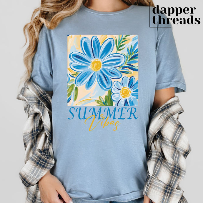 Blue Floral Summer Vibes Watercolor Paint Tee