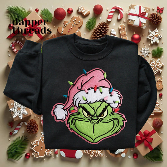 Pink Hat Grnch Faux Embroidery Sweatshirt