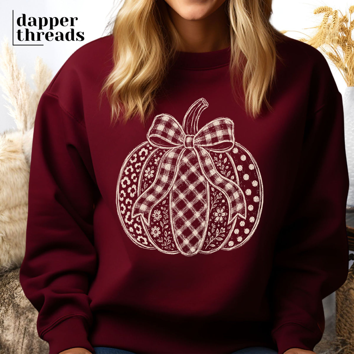 Plaid Bow Patterned Pumpkin Sweatshirt