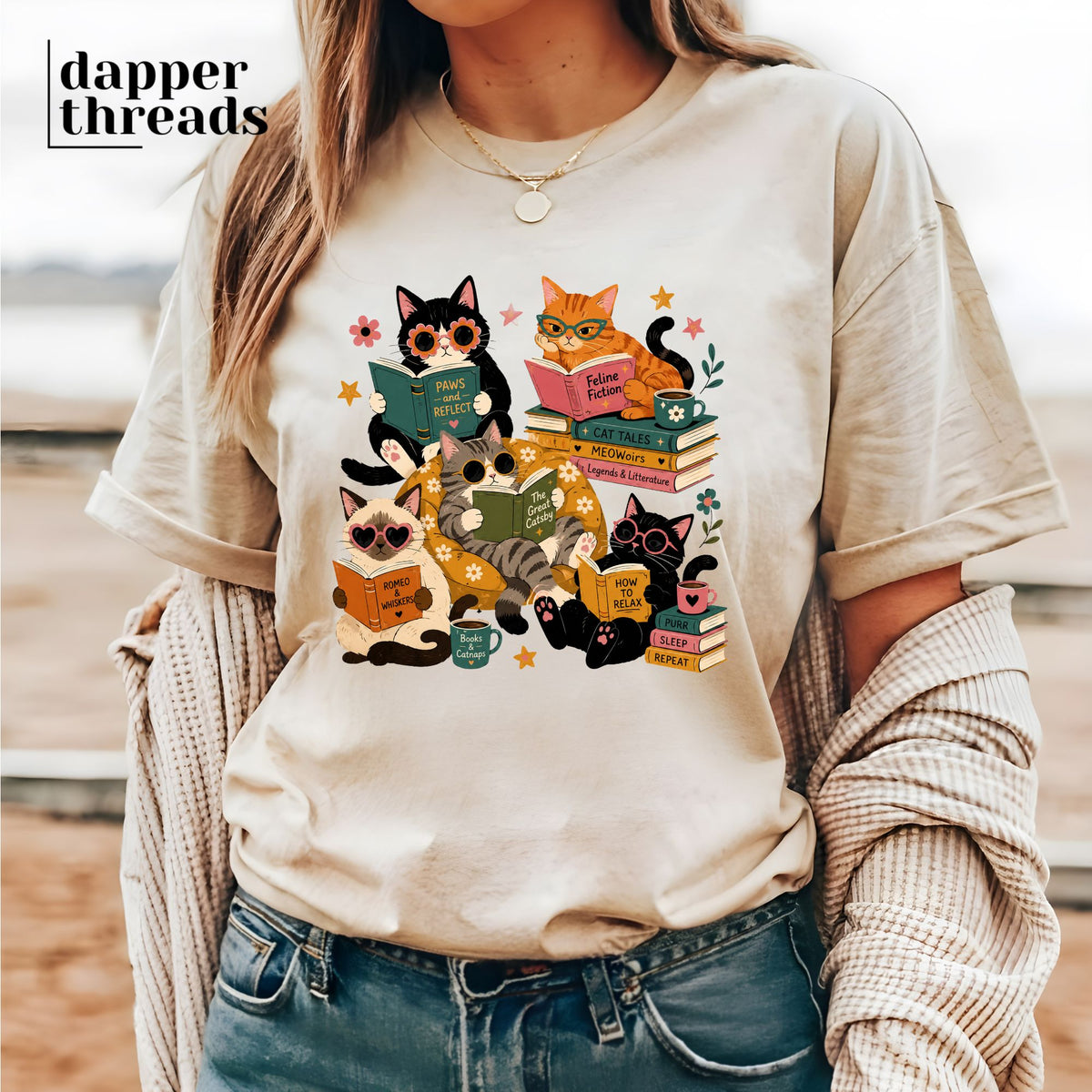 Preppy Reading Cats Tee