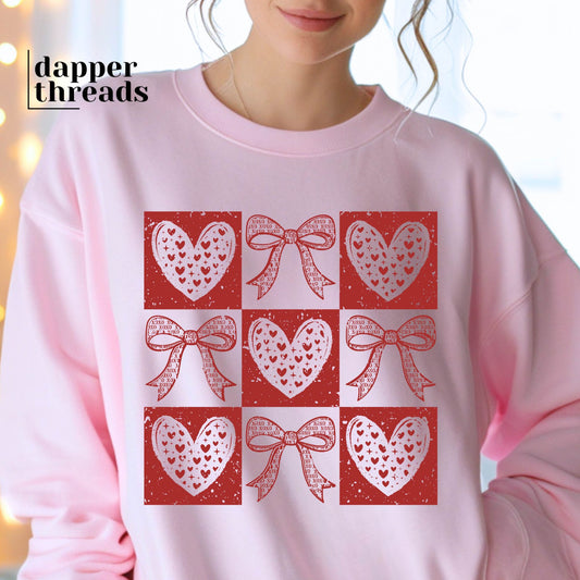 Retro Checkered Valentines Hearts And Bows Sweatshirt
