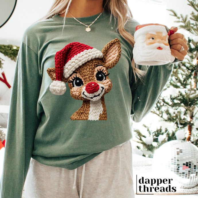 Rudolph Santa Hat Faux Yarn Long-Sleeve Tee