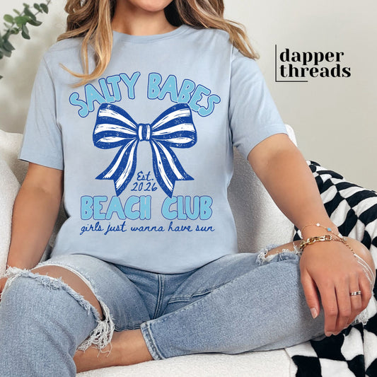 Salty Babes Beach Club Striped Bow Tee