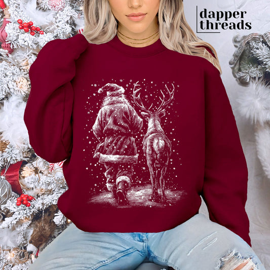 Santa Walking Reindeer Half Tone Sweatshirt