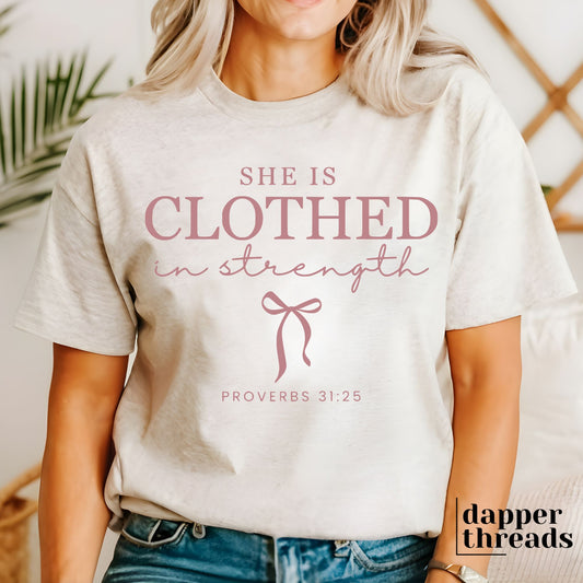 She Is Clothed In Strength Bow Tee