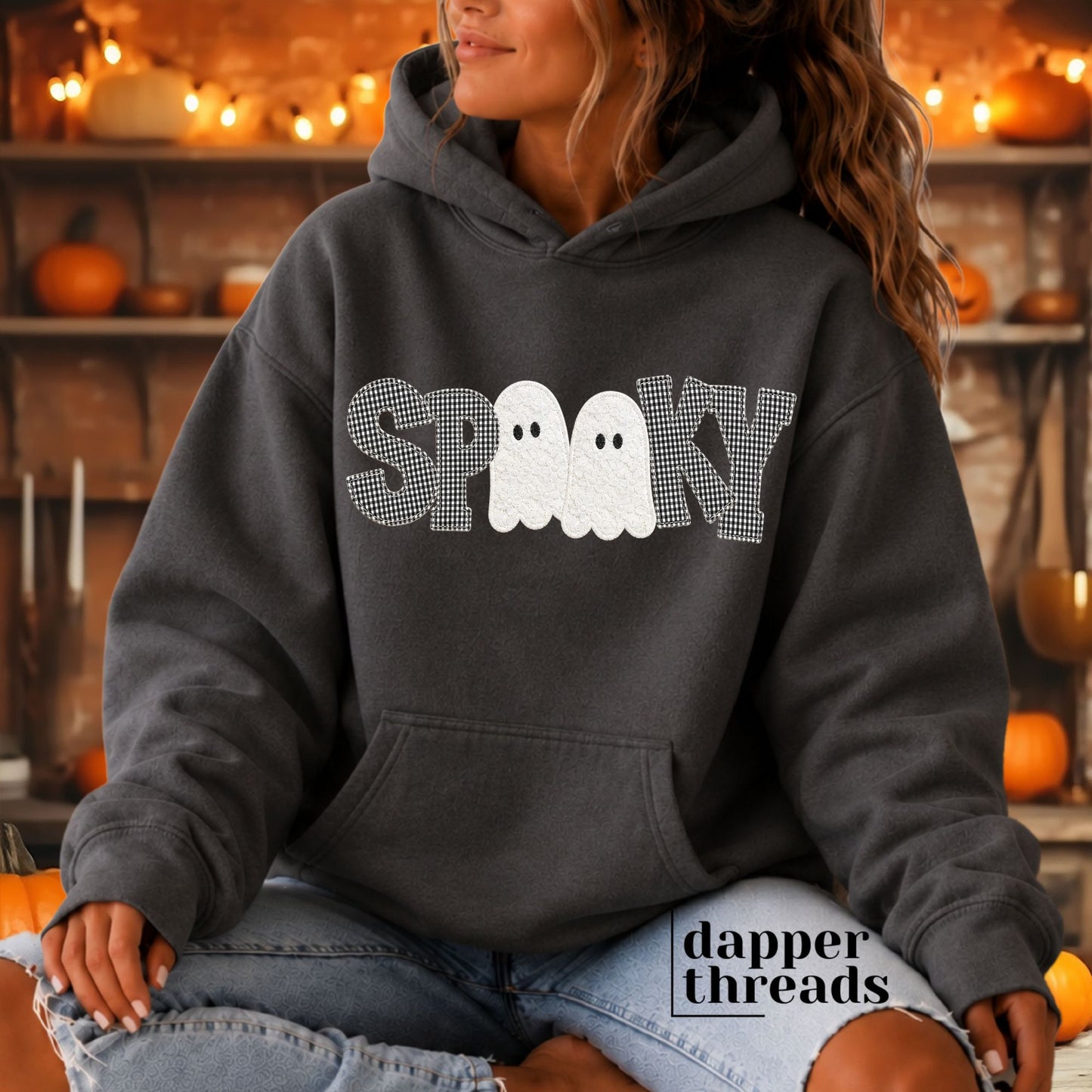 Spooky Ghosts Faux Embroidery Hoodie