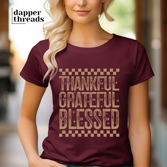 Thankful Grateful Blessed Distressed Checkered Tee