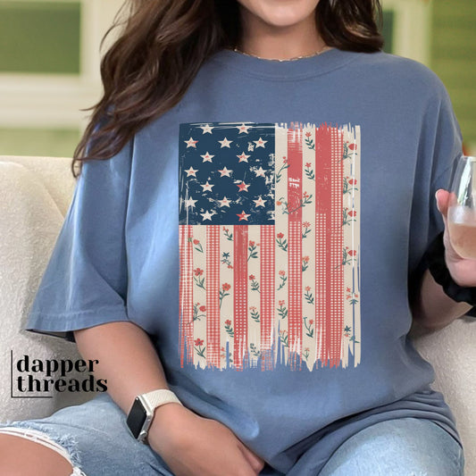USA Flag Gingham Floral Tee